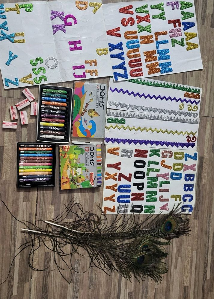 Alphabet Stickers, Feather ,crayons And Erasers