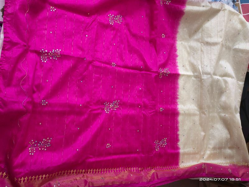 Semi Silk Saree - White And Magenta