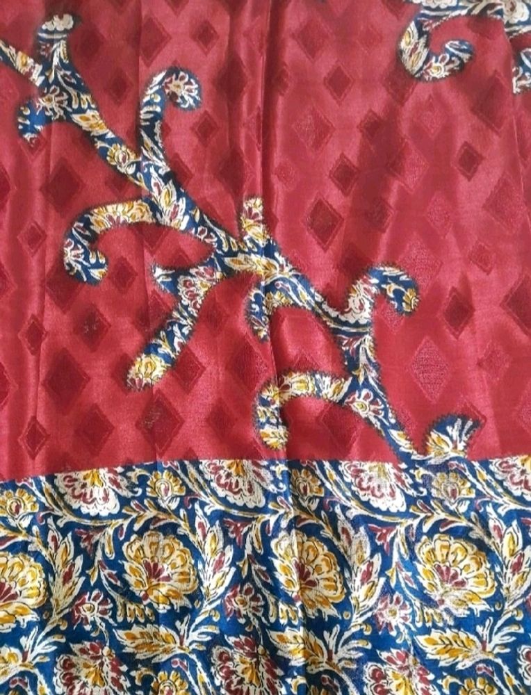 Reddish Maroon Kalamkari Design Silkish Saree