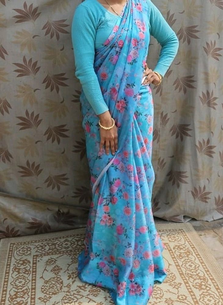 Blue Flower Print Saree