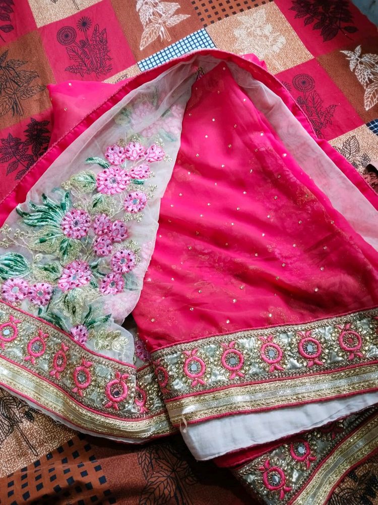 Pink Embroidered Net Saree