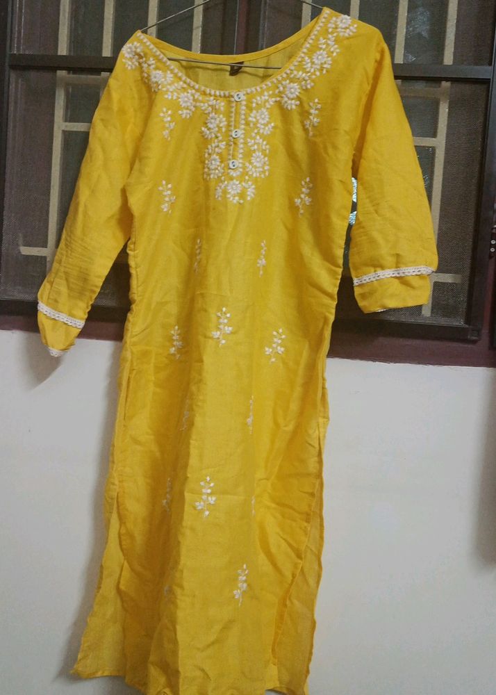 Yellow White Embroidery KURTI