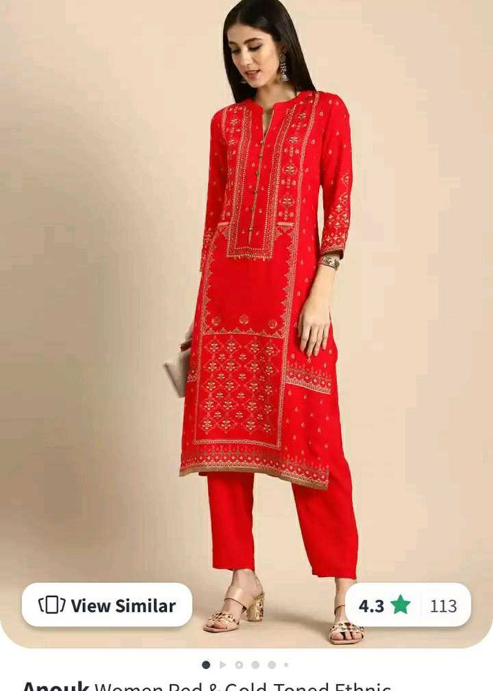 Anouk Kurta Set Hot Red Color With Golden Print