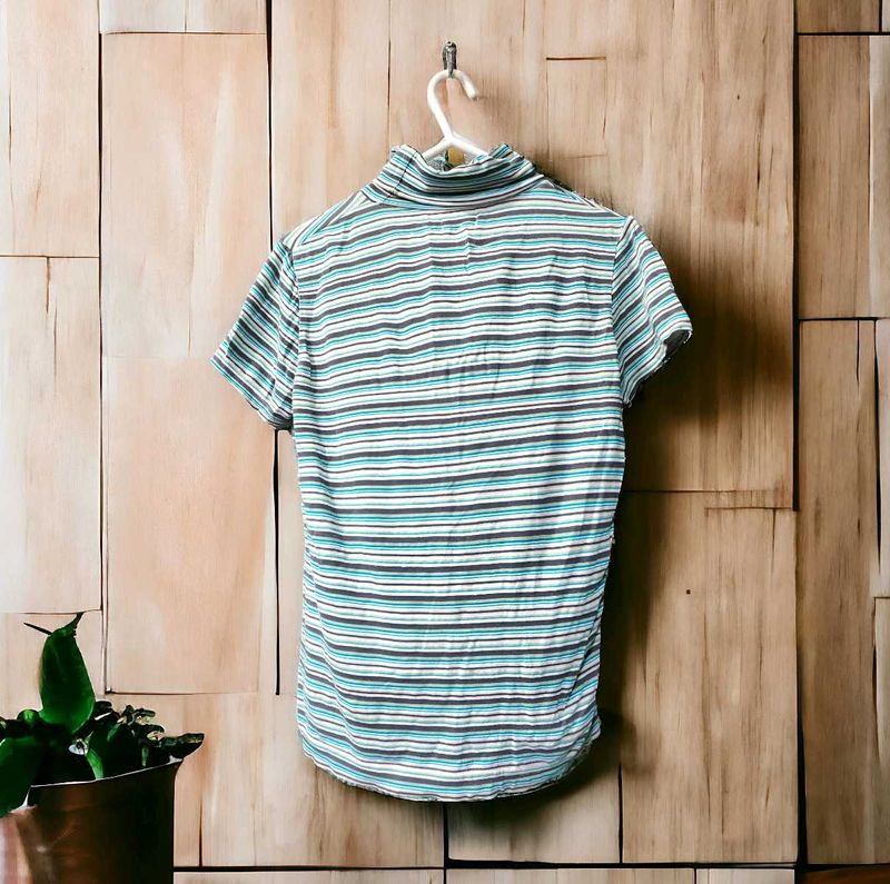 Striped High-Neck Short Sleeve T-Shirt