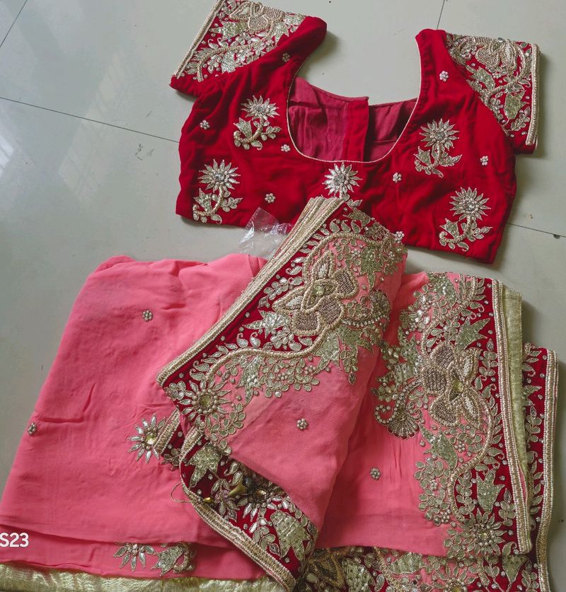 Pink Pure Georgette Extremely Heavy Saree