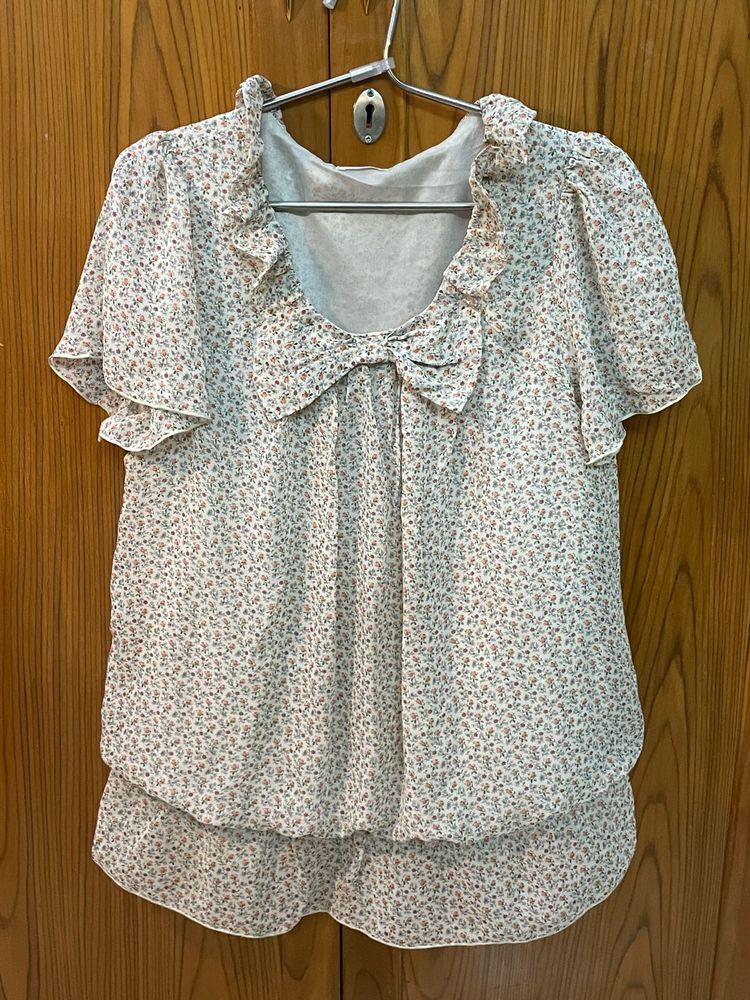 Beige Coquette Flower Printed Top