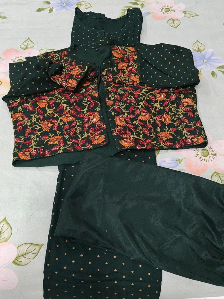 Dark Green Kurti With Jacket Heavy Work