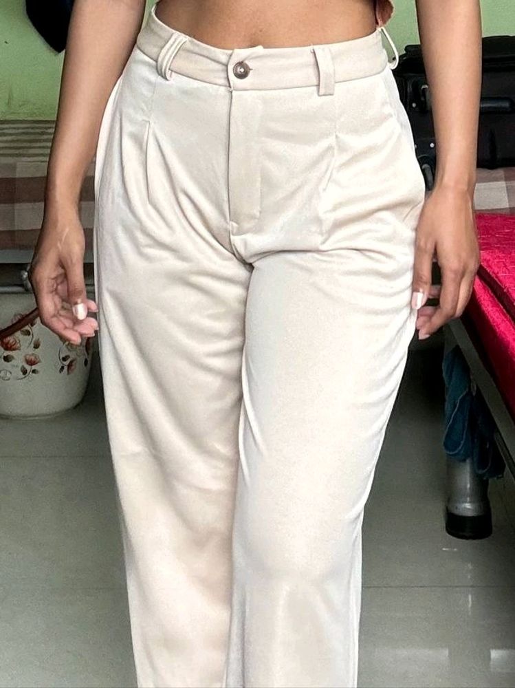 Beige High Waist Formal Straight Pant