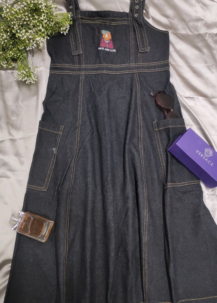 black denim dungaree dress