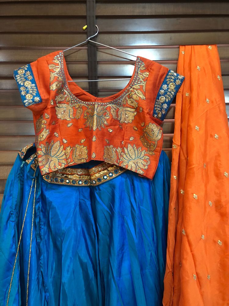 Orange And Sky Bloue Combinaton Lehnga