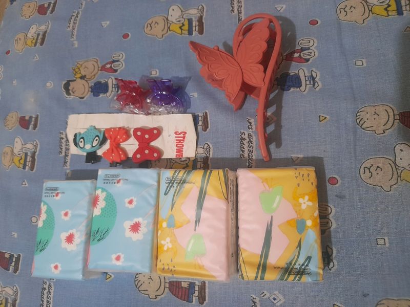 4 Pocket Tissues With 1 Clacher And 5 Cute Clips.