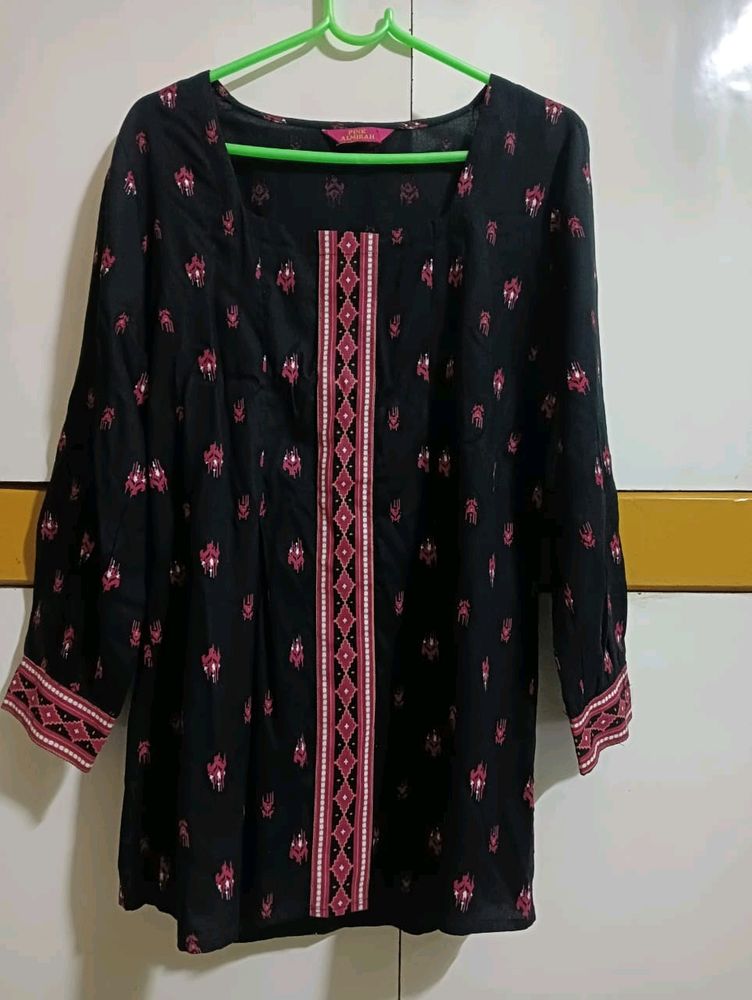 Black-Pink Printed Short Kurti