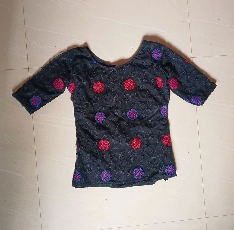 Black Embroidery Net Top