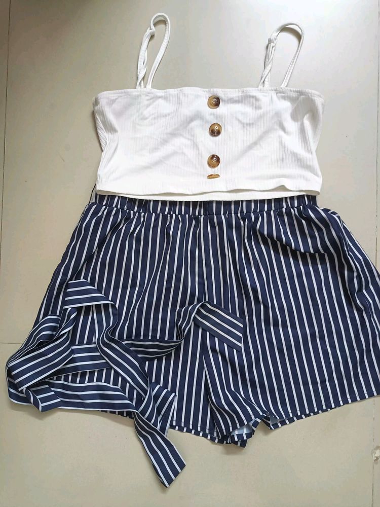 Co-ord Set Of White Top And Striped Shorts
