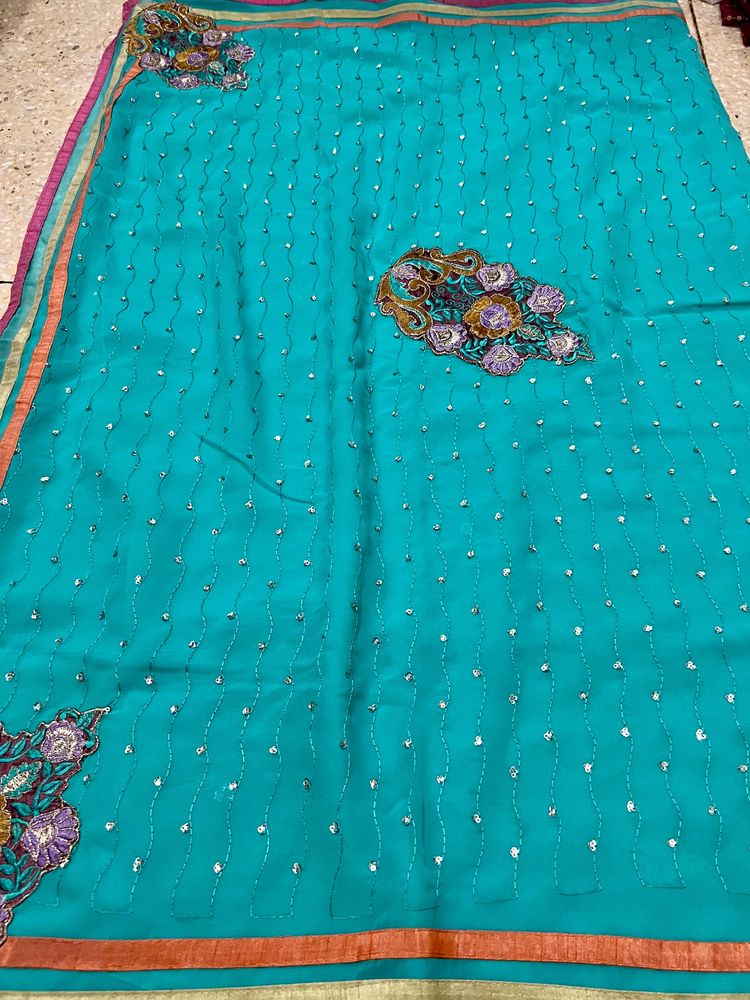 Blue Beautiful saree and blouse with embroidery