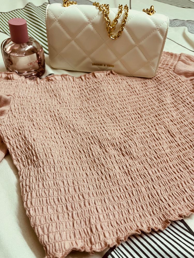 H&M pink smocked off the shoulder top