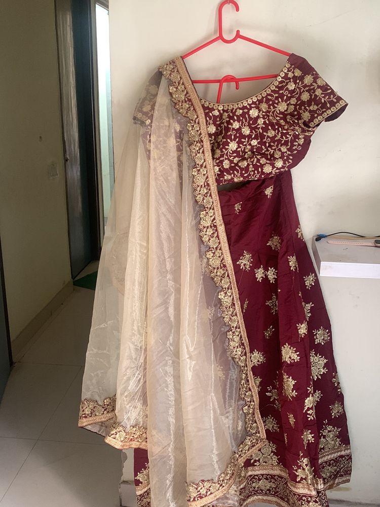 Beautiful Maroon And Gold Work Stiched Lehenga Set