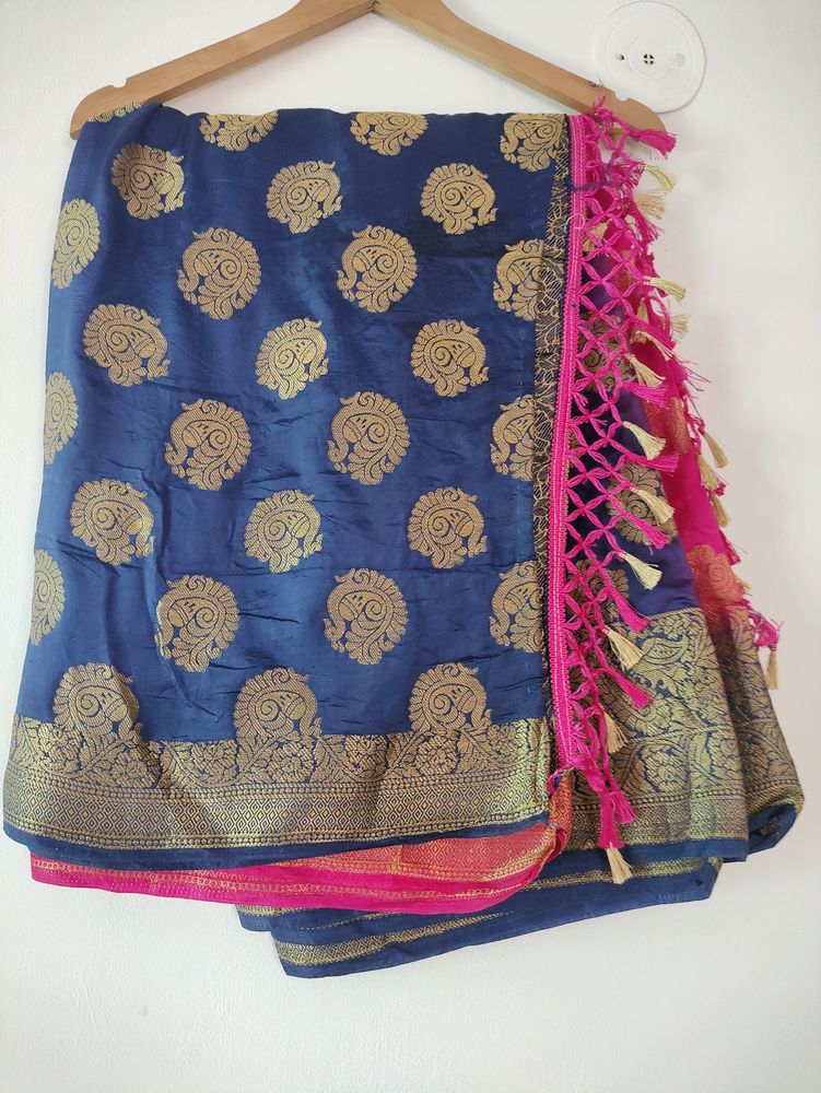 Pink And Blue Art Silk Saree For Women