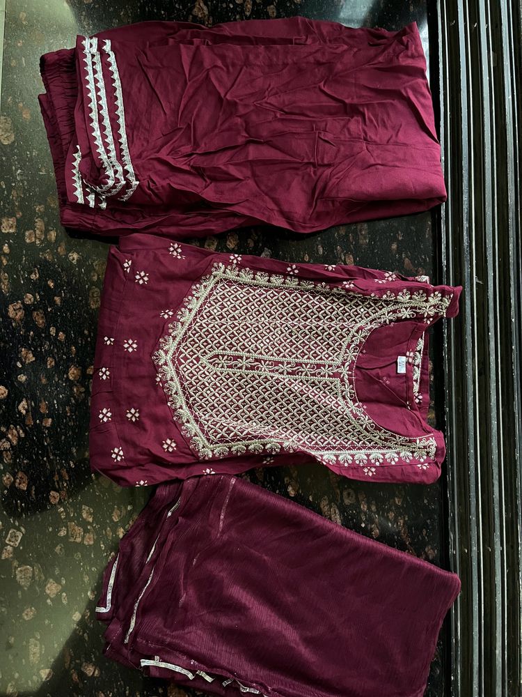 Maroon festive kurta pant dupatta set