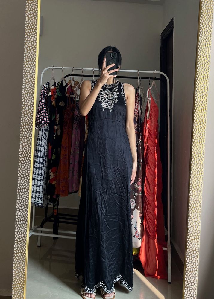 River Island Satin Black embroidered Maxi dress