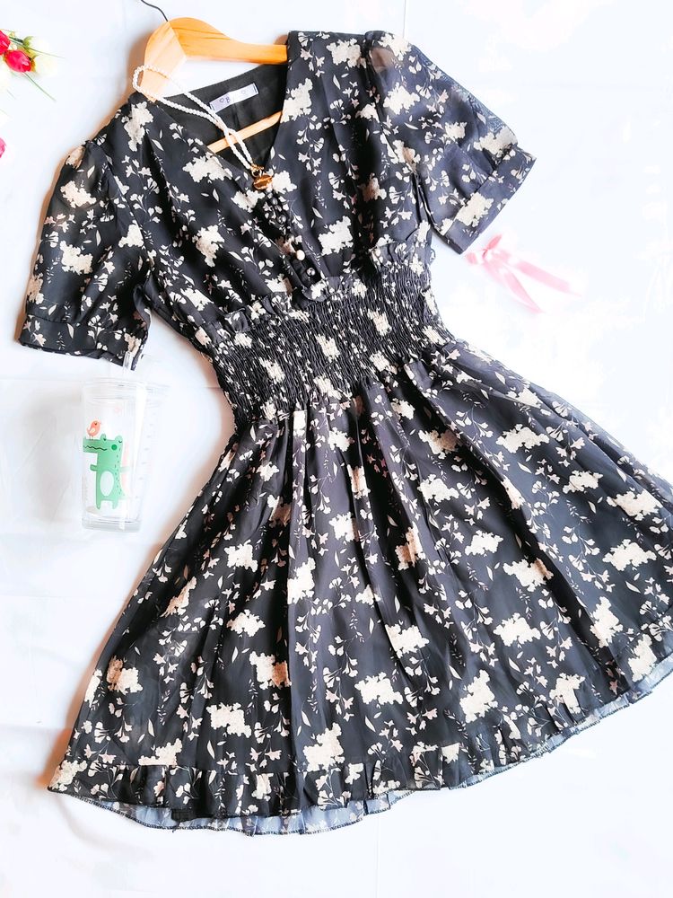 Black Floral Short Dress