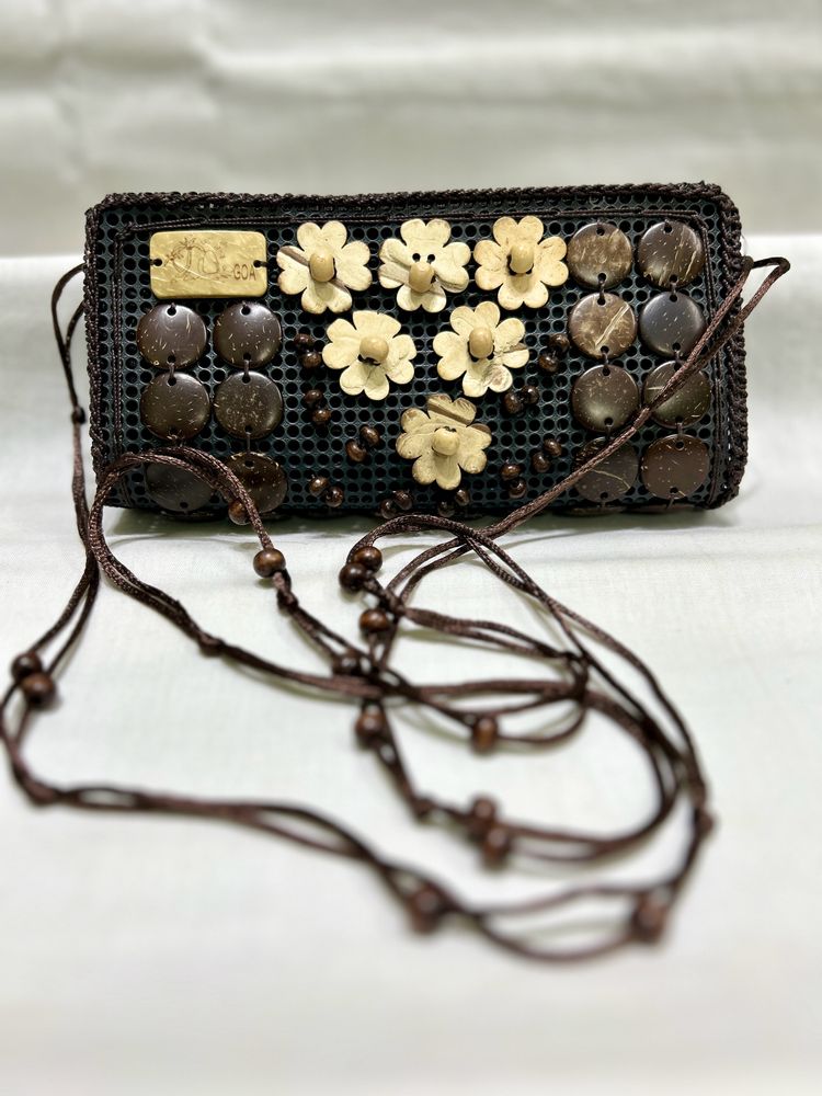 Brown Hand Clutch With Wooden Beads