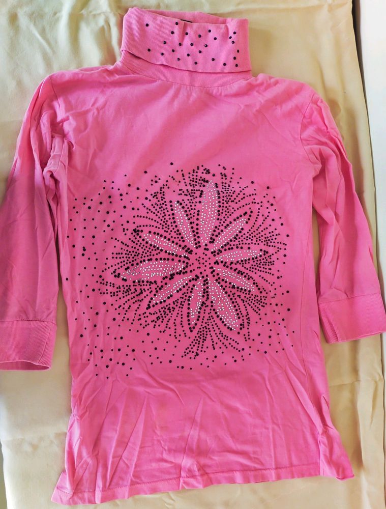 Pink Turtle Neck Top With Rhinestone Floral design