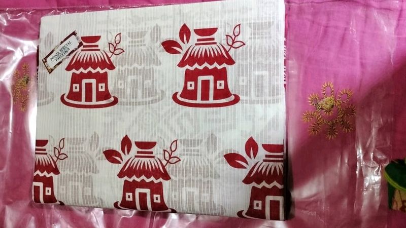 Puja Red And White Cotton Print Saree