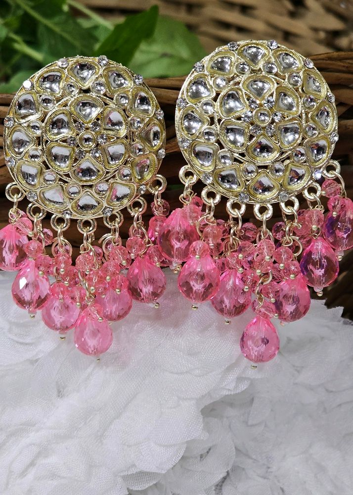 Golden Kundan With Pink Beads Earrings