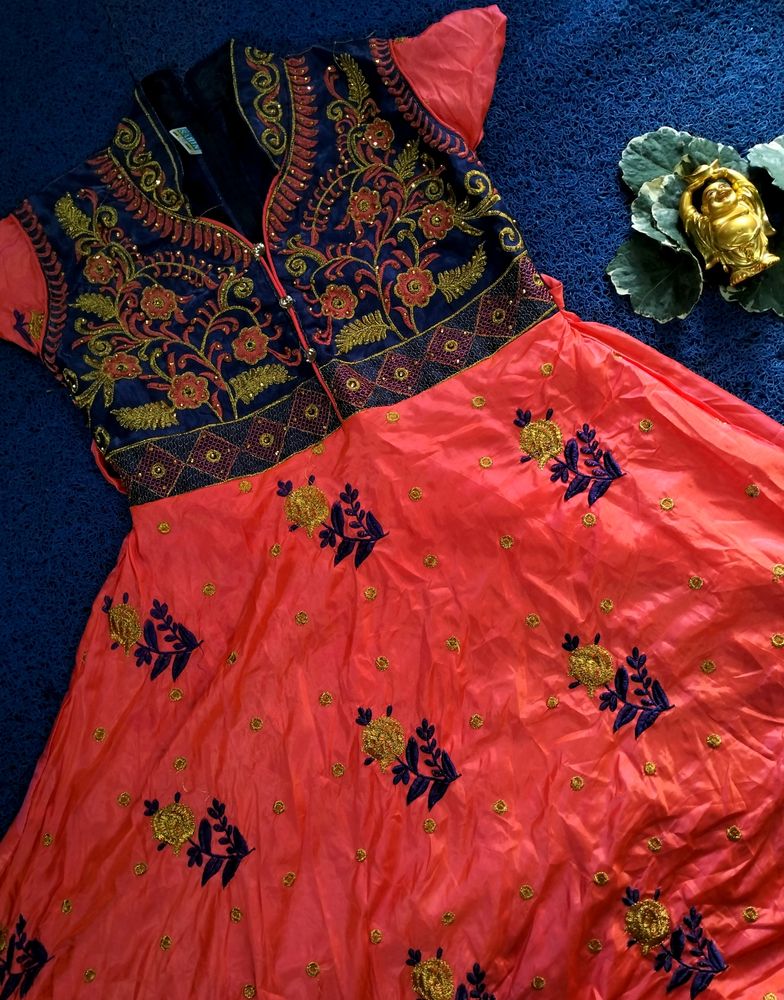 Grand Multicolour Embroidery Frock With Collar