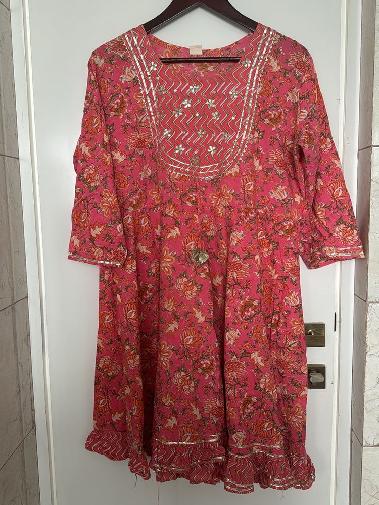 Pink Cotton 44 Kurta Sharara Set With Gota Work