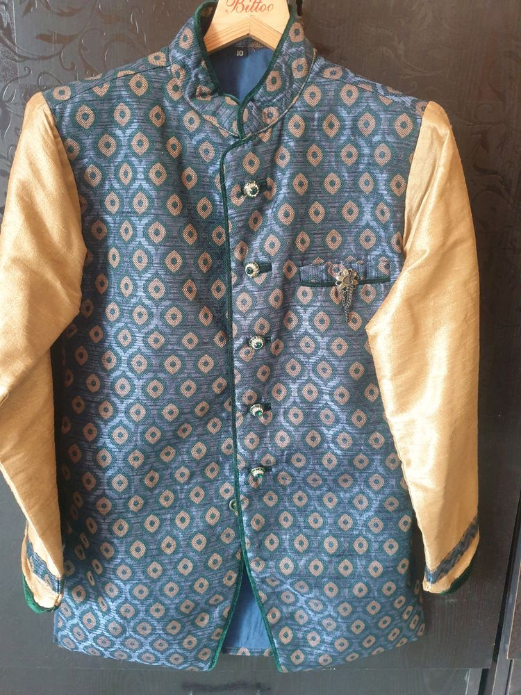 Indo Coat Kid Boy Beige And Turquoise Blue