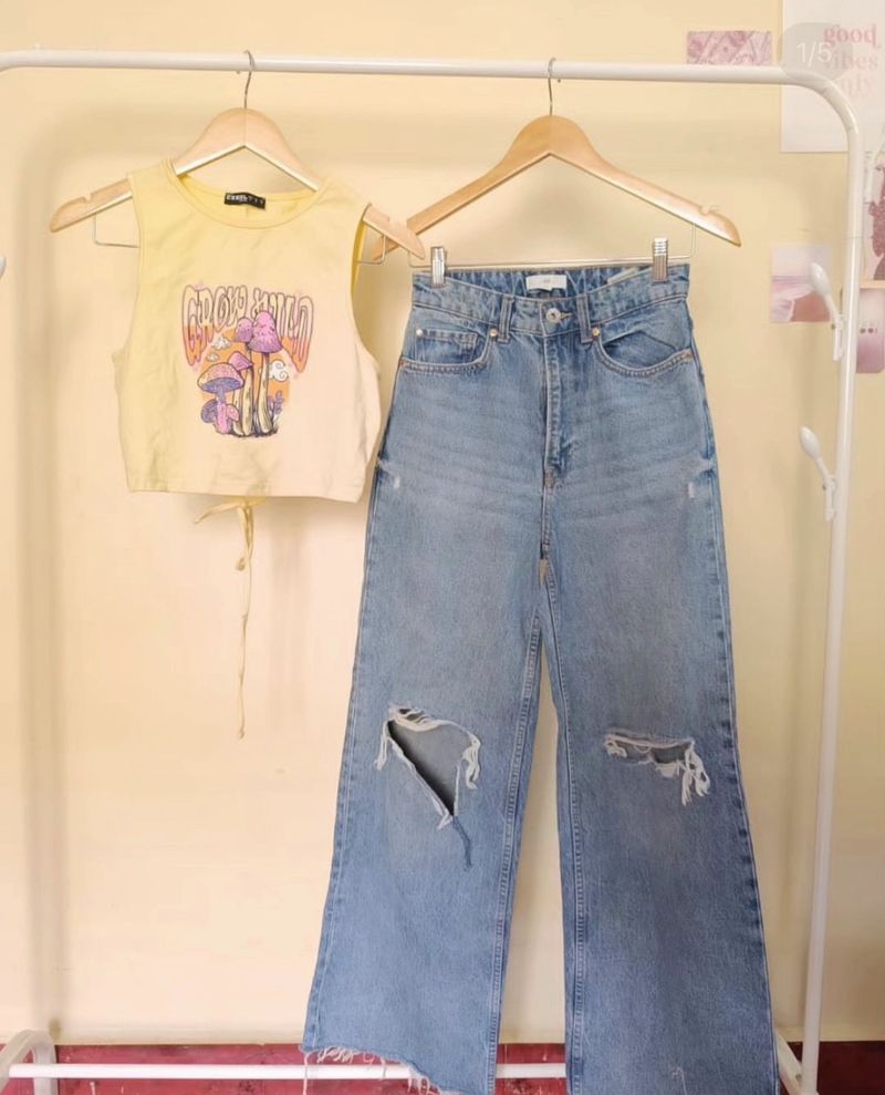 H&M Ripped Jeans With Yellow Tank Top Combo