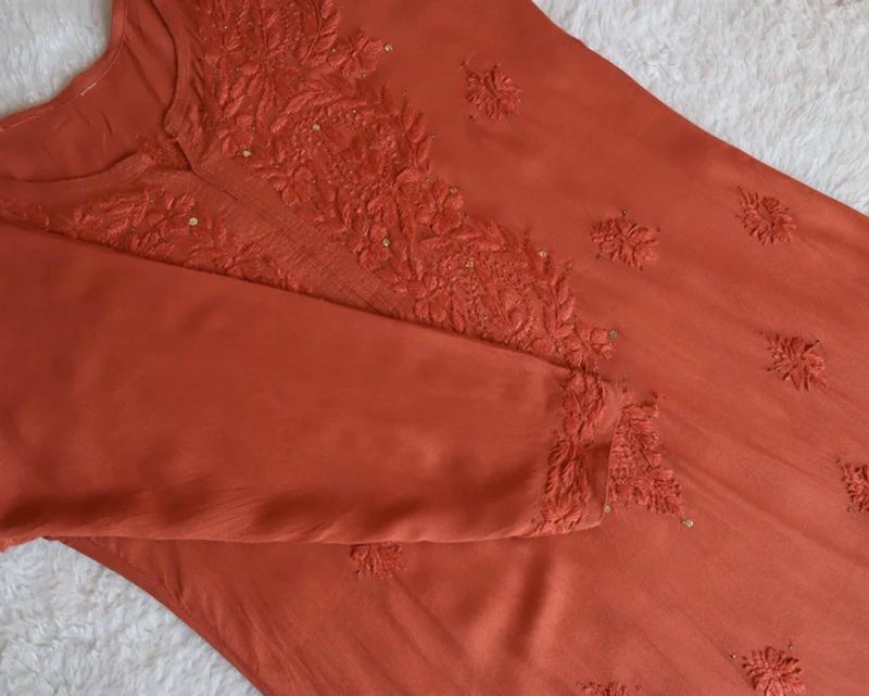 Rust Orange Rayon Mukaish Chikankari Kurta