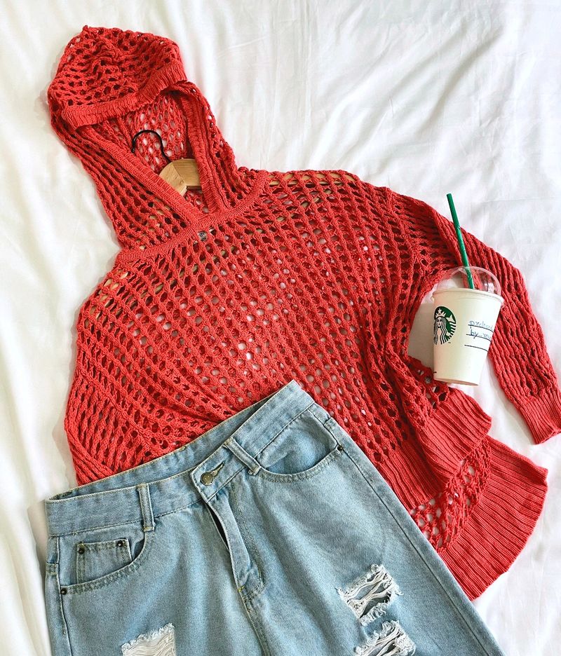 Pinterest Crochet Oversized Orange Hoodie Top