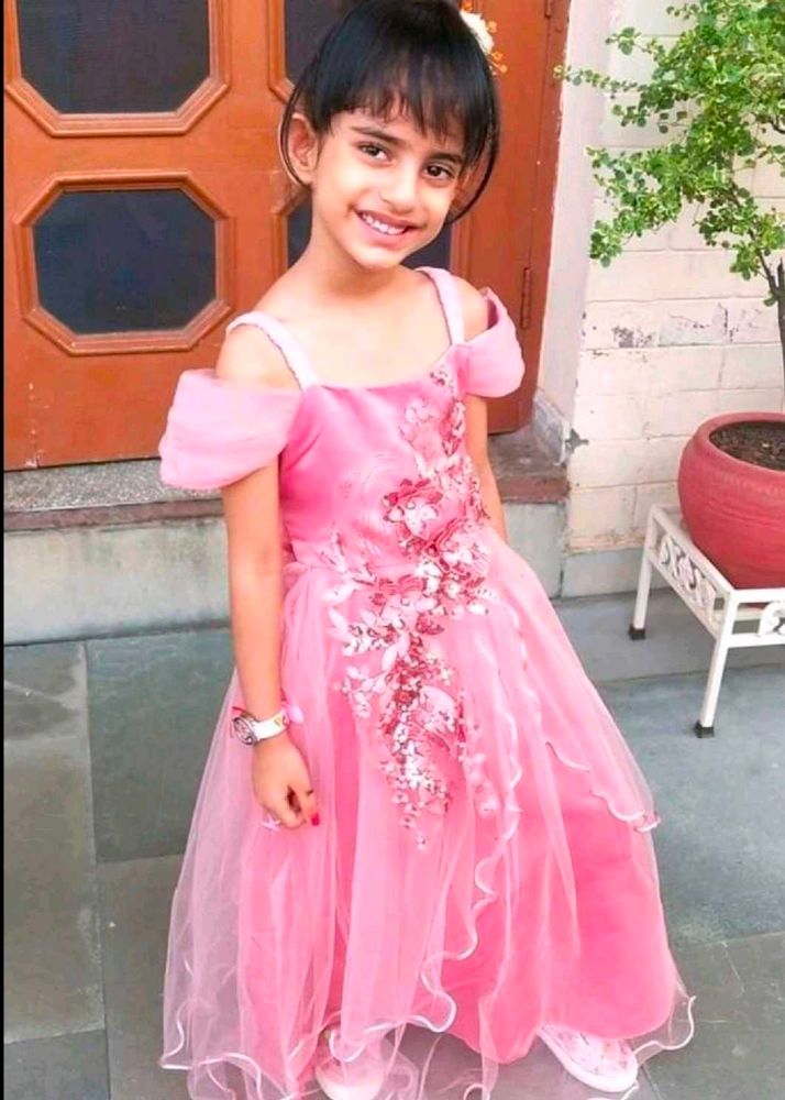 Girls Pink Half Embellished Gown