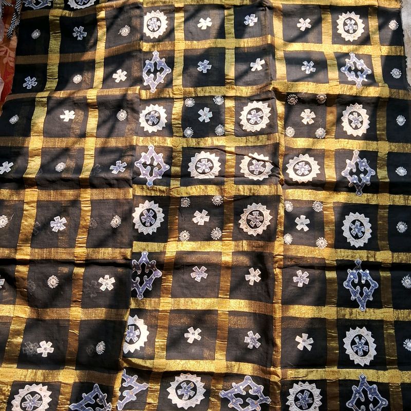 🖤 BLACK COTTON SILK SAREE WITH GOLDEN WORK 💛