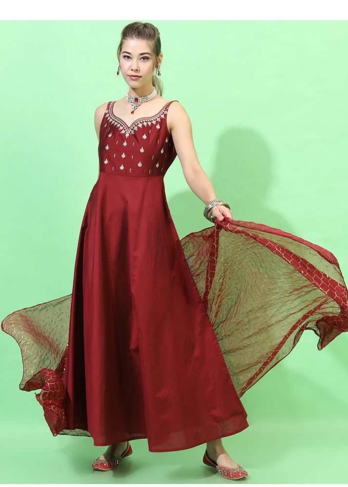 Maroon Anarkali with golden printed dupatta