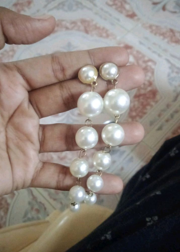 White Pearls Long Earrings