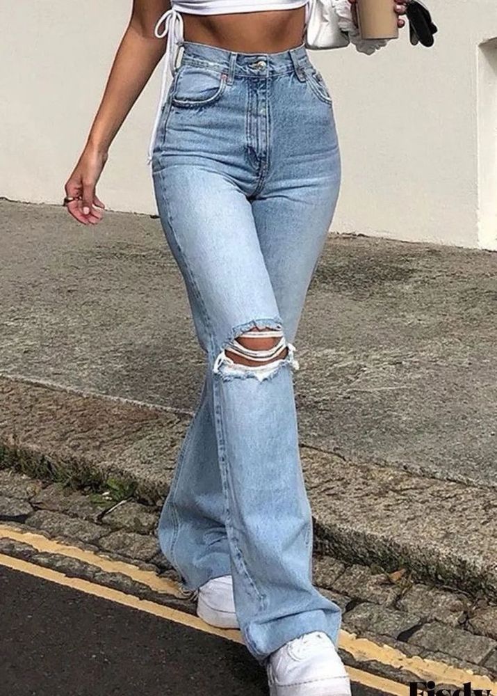 Knee Cut Straight Loose Away Denim Jean