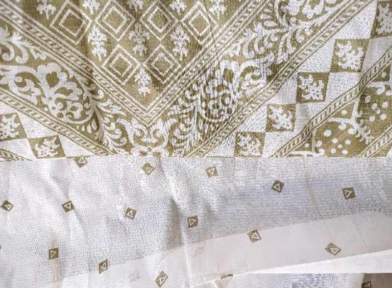 White Saree With Green Print