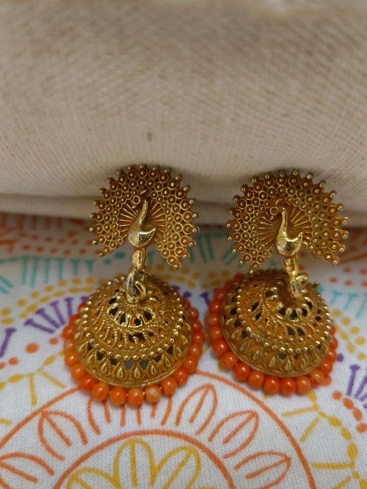 Peacock Style Orange Coloured Jhumkas