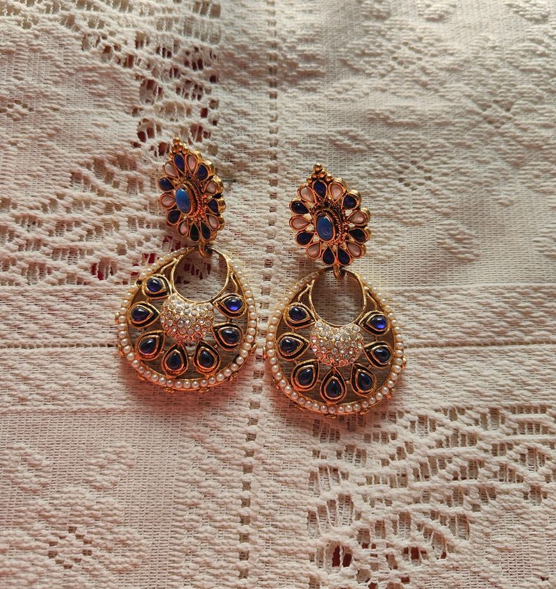 Blue And Golden Traditional Drop Earrings (Women)