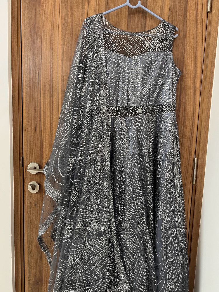 Grey Glitter Ethnic Gown With Transparent Neck