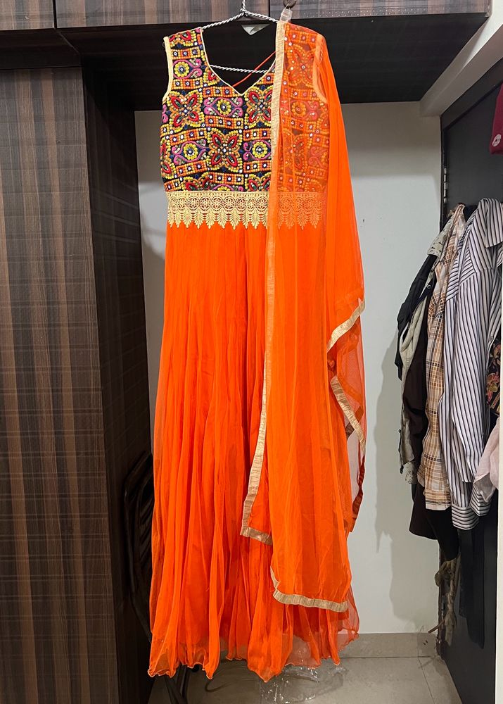 Orange Traditional Gown With Dupatta