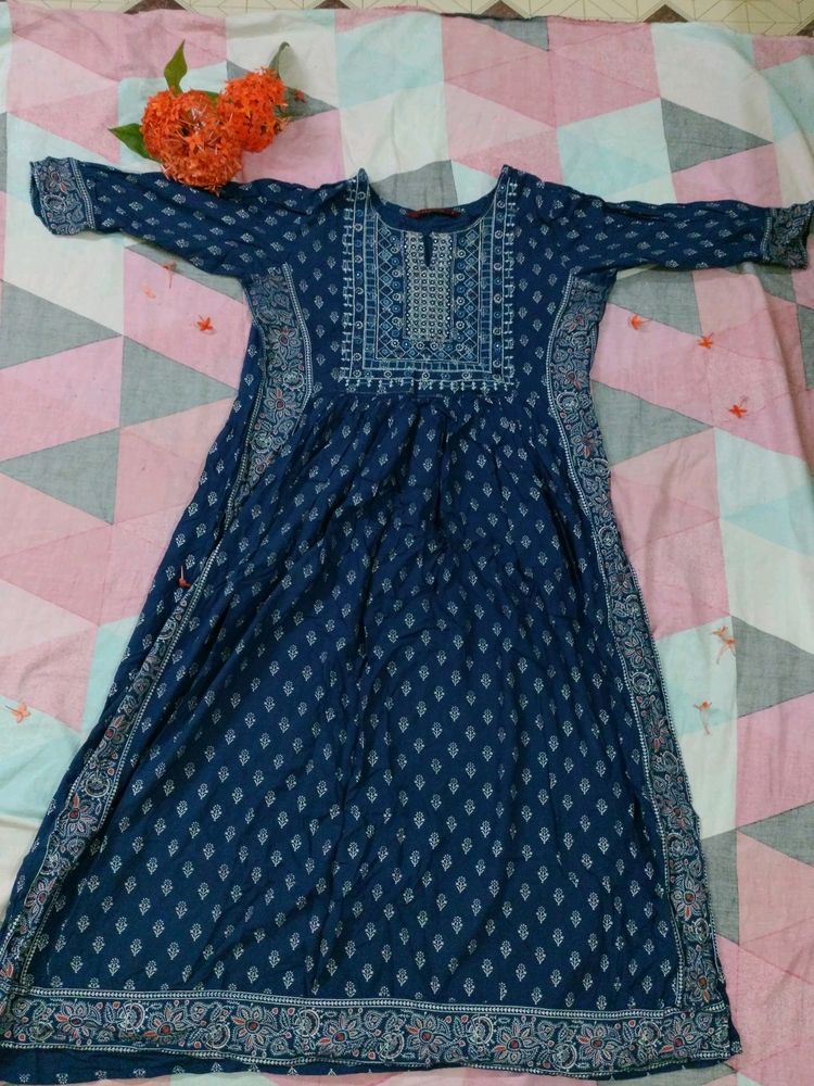 Printed Blue Nayra Cut Kurta