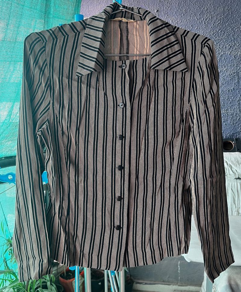 Beige Striped Shirt With Square neck collar