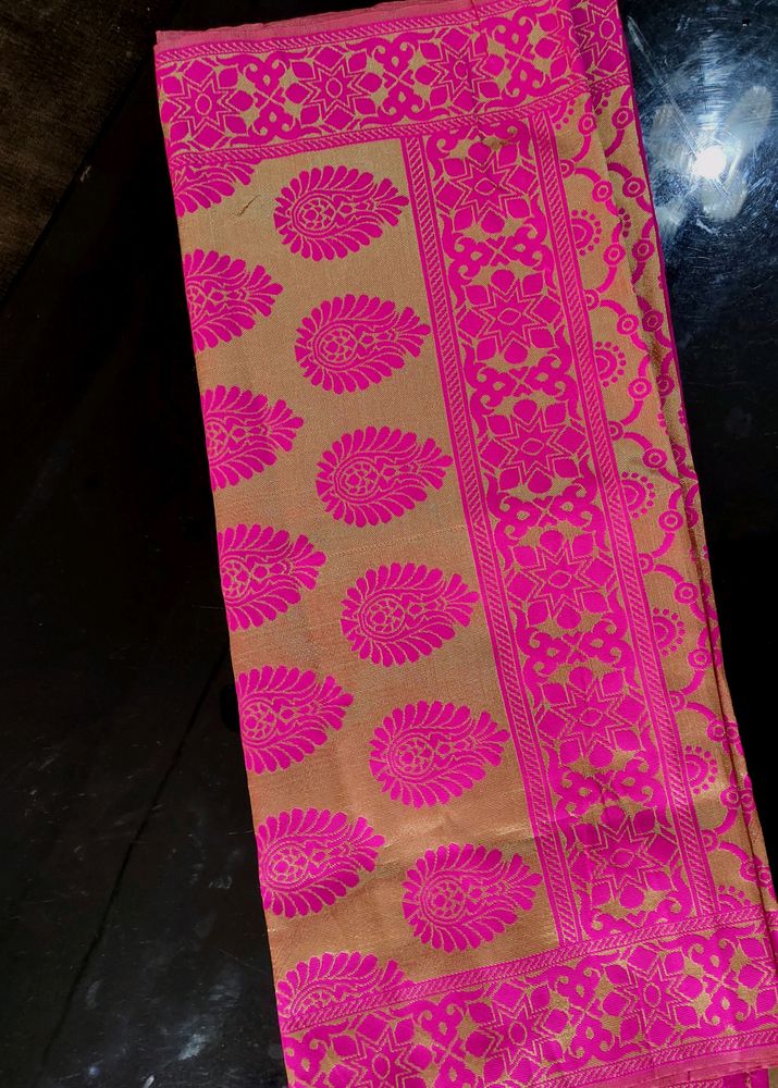 PinkGolden Silk Ethnic Shawl+FreeRajhasthani Potli