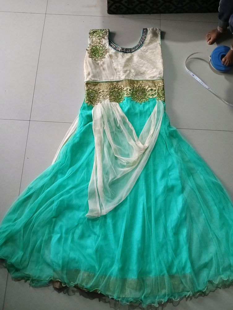 Light Green & Cream Net Ethnic Gown