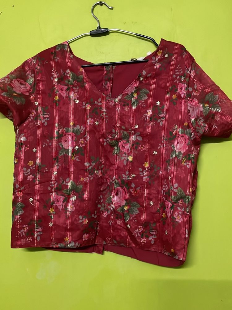 Red Multicolour Embroidered Top For Women